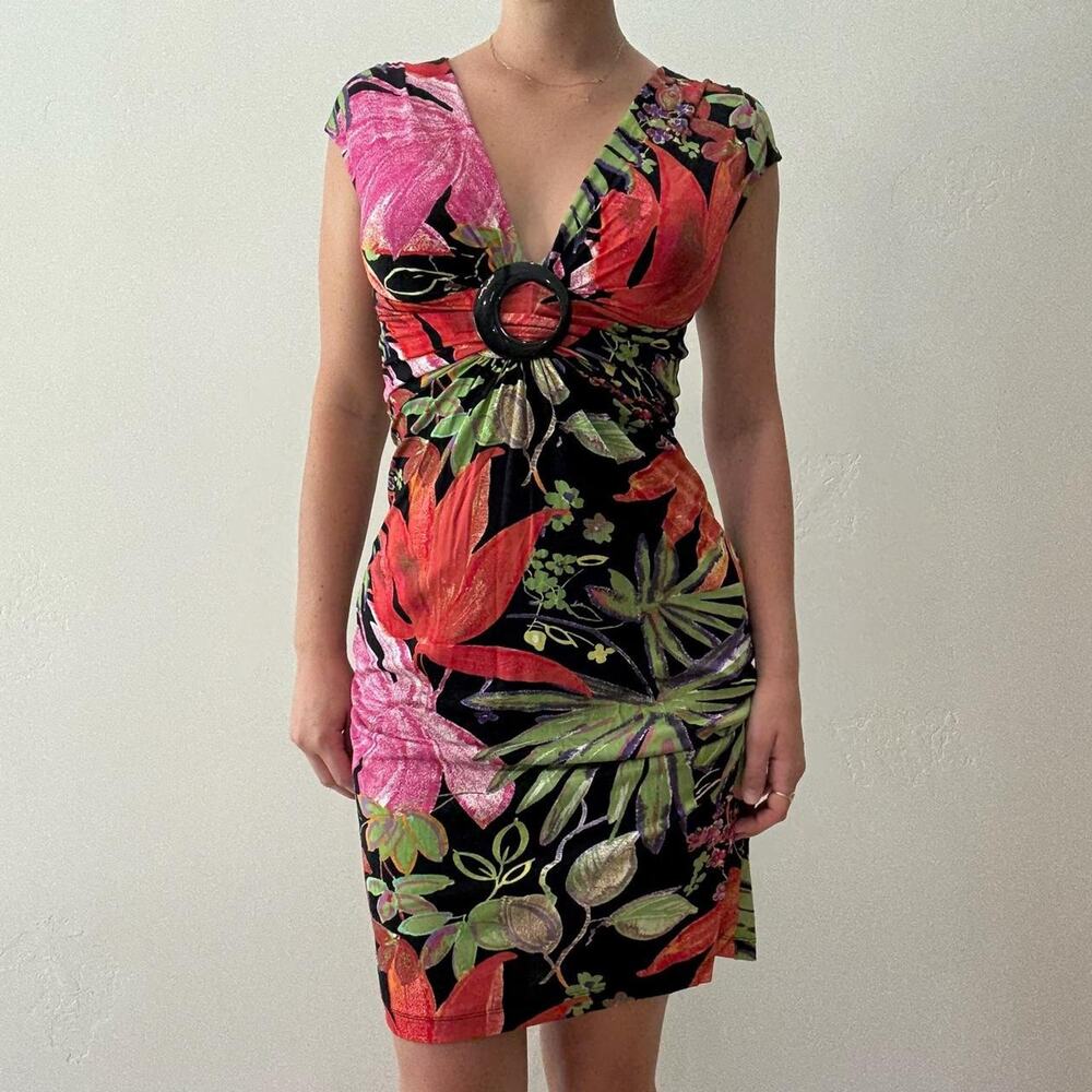 Black tropical fitted mini dress
